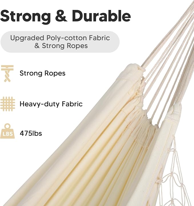 SUNCREAT Portable Camping Hammock for Outside, Heavy Duty 2 Person Hammock Bed for Tree, Beige with Tassels - Image 3