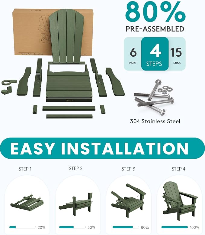 SERWALL Folding Adirondack Chair for Patio Garden, All-Weather Outdoors Chairs with Cup Holder, Wooden Textured Fire Pit Chairs for Poolside, Backyard, Lawn - Army - Image 6