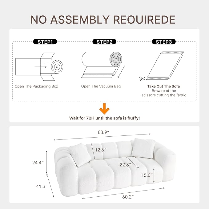 84" Boneless Couch No Assembly Required Loveseat Sofa Modern Deep Seat Cloud Couch Modern Compressed Sofa Oversized Upholstered 3-Seater for Living Room Bedroom