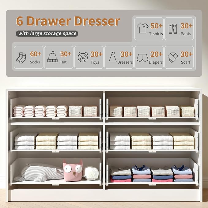Dresser and Nightstand Sets, 6 Drawer Dresser Set for Bedroom 3 Piece, 55” Wide Wooden Fluted White Dressers W/Metal Handle & Night Stand Set of 2, Modern Bedroom Furniture Sets, White