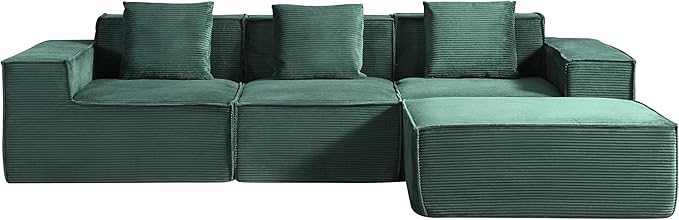 Rowan Convertible Corduroy Sectional Couch with Ottoman & Pillows, Modular L Shaped Sleeper Sofa, Boneless Cloud Couch for Living Room Furniture, Dark Green