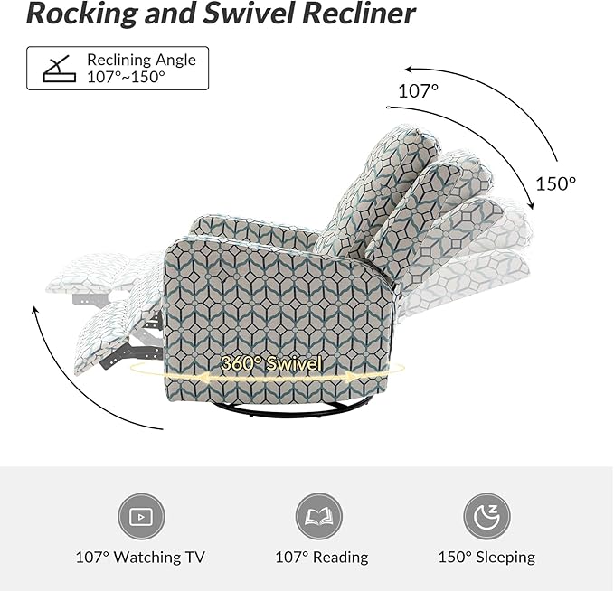 HULALA Home Recliner Chair Set of 2, Modern Printed Fabric for Living Room, Rocker Recliner Sofa Comfy Armchair 360 Degree Swivel, Nursery Rocking Chairs with Adjustable Backrest & Footrest/Ivory