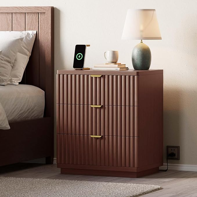 Nightstand with Charging Station, Wood Night Stand with 3 Drawers Storage Bedside Table Large Fluted Bed Side End Table, Modern Nightstand for Bedroom Living Room (Walmut) by XINLILAI