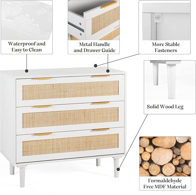 HOPUBUY Large Nightstand Set of 2 with Rattan Drawer, Modern 3 Drawer Night Stand for Bedroom, Wooden Bedside Table for Queen Size and King Size Bed,White - Image 6