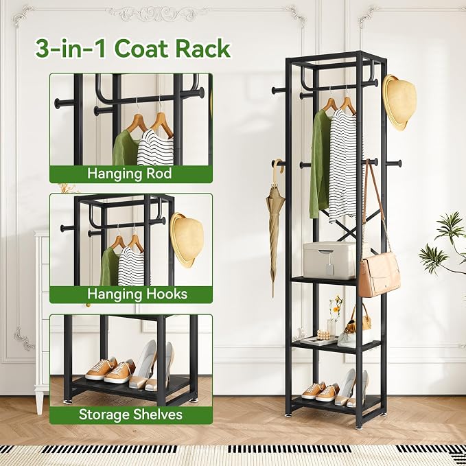 IBUYKE Coat Rack with Shelves, Freestanding Hall Tree with 3 Shelves and 8 Hooks, Industrial Clothes Stand for Entryway, Hallway, Bedroom, Black UTMJ088B - Image 3