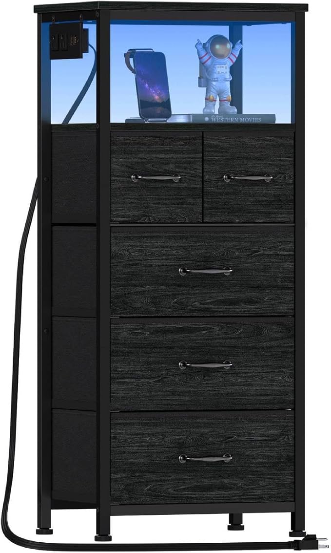 Furnulem Dresser for Bedroom, Tall Nightstand, Vertical Chest with Wood Top, Charging Station, LED Lights, 5 Fabric Bins, Bedside Table with Shelf, Furniture for Entryway (5 Drawer, Black Oak) by Furnulem