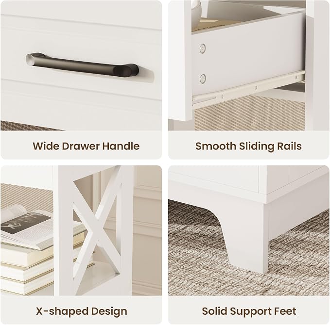 Tall Nightstand Set of 2 Side Table with 2 Drawers Modern Night Stand Wooden End Table Bedside Table with Below Open Shelf Solid Feet for Bedroom White - Image 5