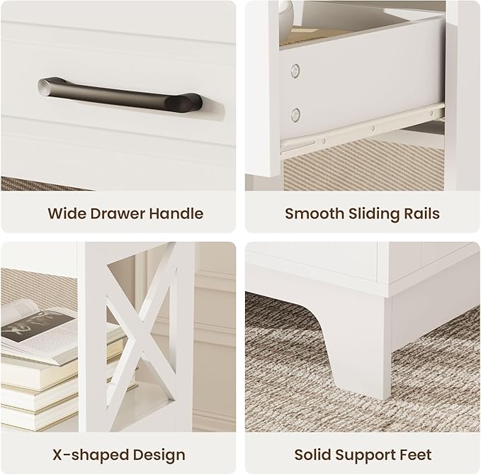 Tall Nightstand Set of 2 Side Table with 2 Drawers Modern Night Stand Wooden Rustic End Table Bedside Table with Below Open Shelf Solid Feet for Bedroom White+Walnut - Image 7