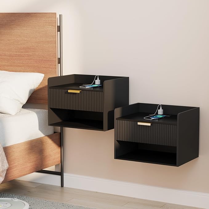 Arbuxzuy Floating Nightstand Set of 2, Wall Mounted Nightstand with Charging Station, Floating Bedside Table with Drawer, Minimalist Wooden Floating Night Stand for Bedroom (Black) by Arbuxzuy