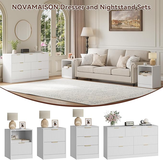 White Dresser & Nightstand Set 3-Piece, Bedroom Dresser with 7 Drawers, Night Stand Set of 2 w/Metal Handle, Fluted Modern Wood Chest of Drawers Storage Dressers Set for Bedroom, White