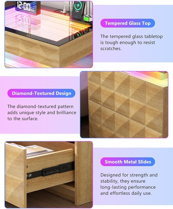 Dystler Night Stand with Charging Station and RGB Lights, LED Nightstand with Tempered Glass and Sliding Top, 3 Drawers Bedside Table with Hidden Storage, Lockable End Side Table for Bedroom, Wood - Image 7