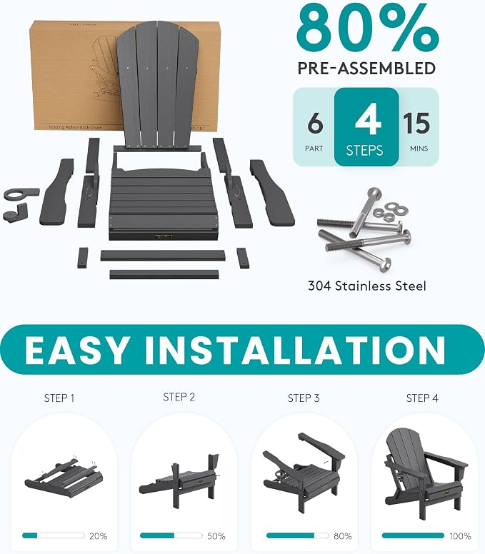 SERWALL Folding Adirondack Chair with Cup Holder Set of 6, Weather Resistant HIPS Lawn Chairs, Wooden Textured, Fire Pit Chairs for Backyard, Garden, Fire Pit- Gray - Image 4