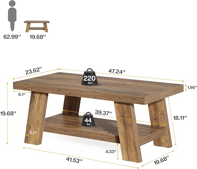 Tribesigns Farmhouse Coffee Tables for Living Room, 47.24" Rectangle Coffee Tables with Storage Shelves, Rustic Wooden Center Table for Apartment, Home Office (Rustic Brown)