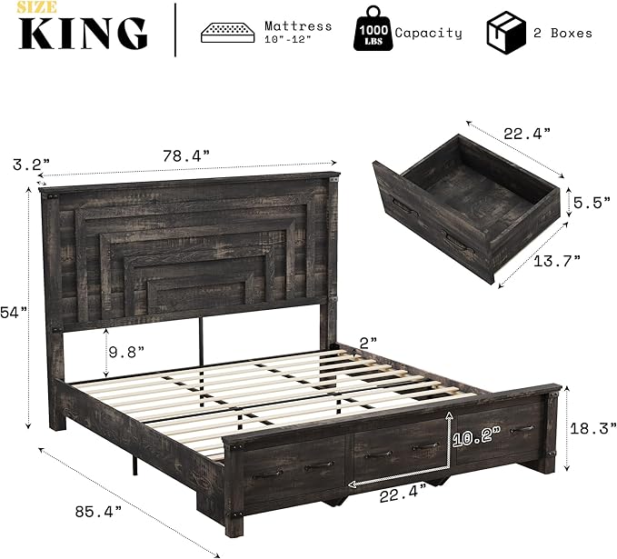 AMERLIFE 5 Pieces Farmhouse Bedroom Set, Includes Rustic King Bed Frame with 54" Tall Headboard, 6 Drawer Dresser, 5 Drawer Tall Chest, Nightstands Set of 2 with Charging Station, Black Oak