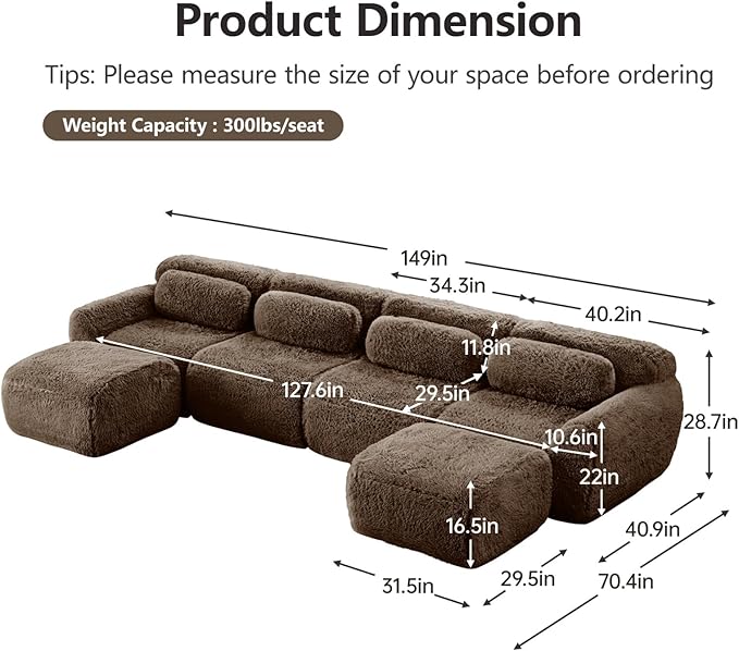 149" Modular Sectional Sofa, Modern Sectional Couch, U-Shape Boneless Couch for Living Room Apartments Bedroom, 32D High Density Sponge Lounge Sofa, No Assembly Required, Chocolate