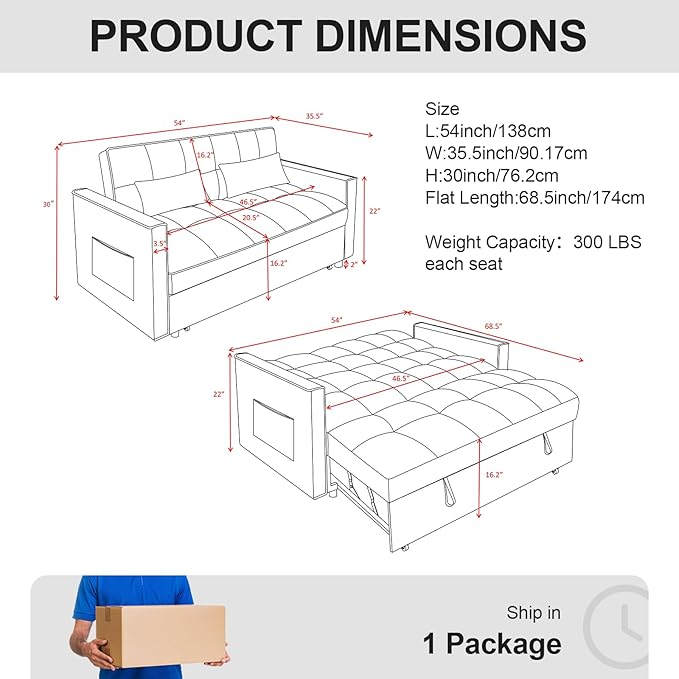3 in 1 Pull Out Sofa Bed, 54" Sleeper Sofa Bed with 3-Level Adjustable Backrest, Velvet Fabric Loveseat Sleeper Couch for Living Room & Bedroom & Apartment & Dorm Furniture, Green