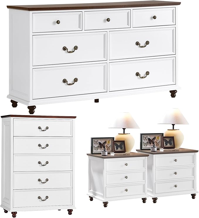 Joaxswe 24" Wide Farmhouse Nightstand Set of 2, 54" 7 Drawers Dresser, 45" Tall Rustic Chests of 5 Drawers w/ 4 Solid Wood Feet, Farmhouse Furniture Series for Living Room,Bedroom,White