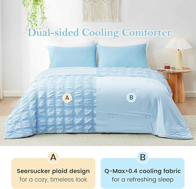 Cozy Bliss Cooling Comforter Seersucker Plaid Twin Size, Q-Max 0.45 Lightweight Cooling Blanket, Breathable Silk Smooth Summer Bedding Quilt for Hot Sleepers Night Sweats Blue
