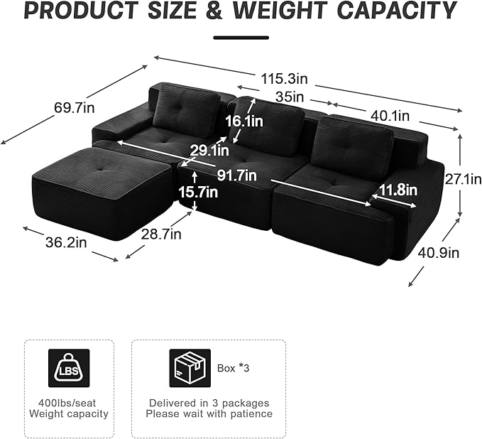 Casaphoria 115'' Boneless Sofa with Ottoman, 3-Seater Modular Couch with 3 Pillows for Living Room, L Shape Cloud Sectional Sofa, No Assembly, Black