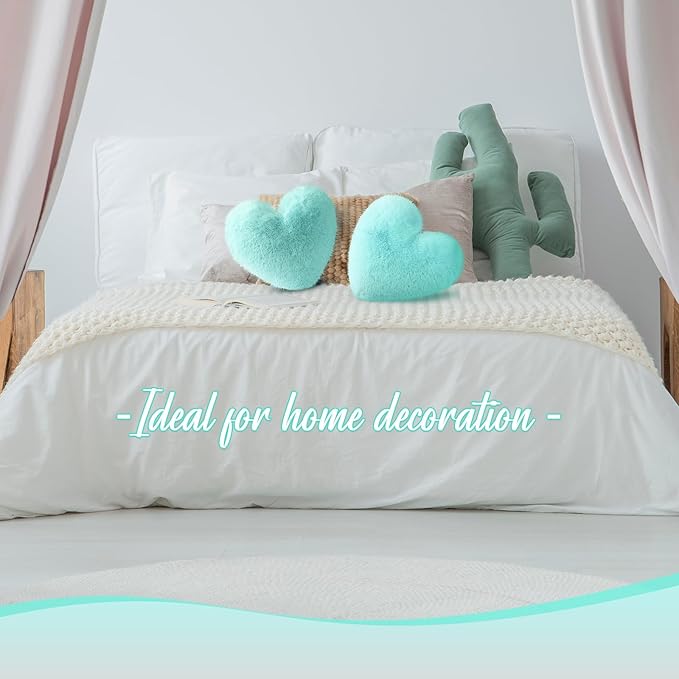 Marsui 2 Pcs Heart Throw Pillows, Soft Fluffy Faux Fur Decorative Hearts Shaped Pillows for Living Room Sofa Bed, Cute Heart Themed Gift for Women(Mint,11.81 x 11.02 Inch)
