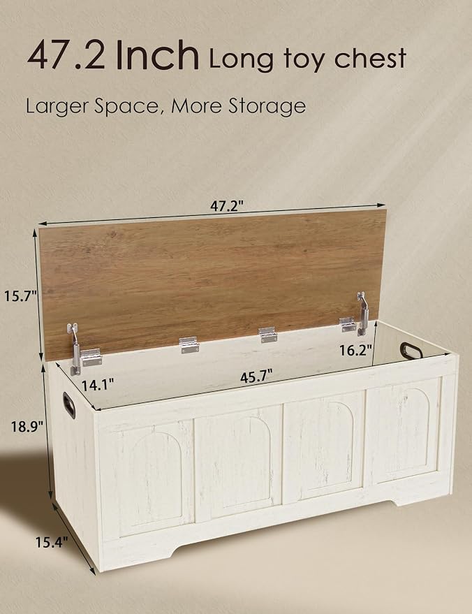 DINZI LVJ Storage Chest, 47.2”Wooden Storage Bench with 2 Safety Hinges, Farmhouse Toy Box with Flip-Top, Large Trunk for Living Room, Bedroom, Easy Assembly, Honey Brown and Rustic White - Image 3