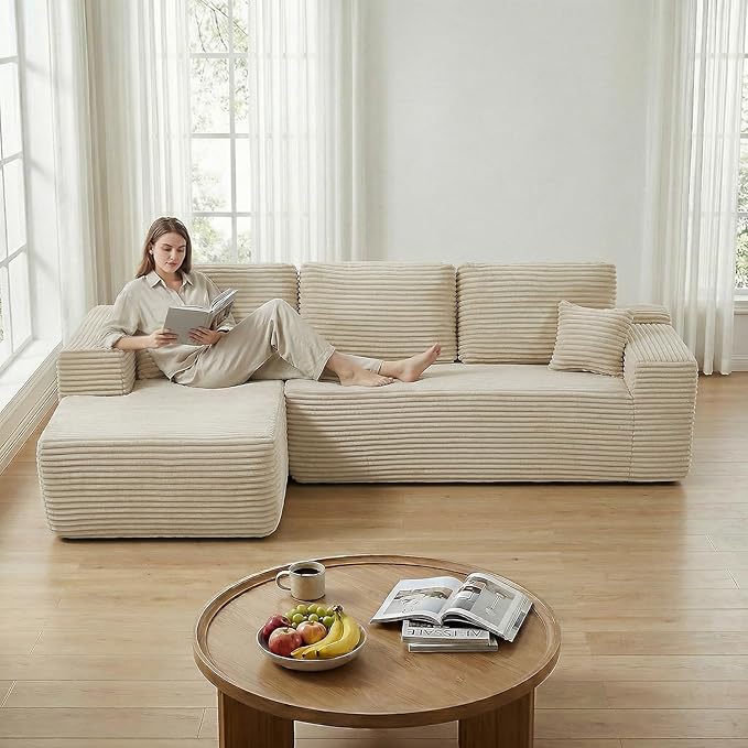 104 inch Boneless L-Shaped Sectional Sofa with Throw Pillow & Side Pockets- No Assembly Compressed Modular Couch, Memory Foam, Deep Seat for Living Room, Bedroom, Apartment White Left