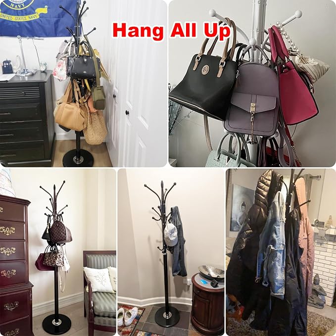 Kertnic Metal Coat Rack Stand with Natural Marble Base, Free Standing Hall Tree with 12 Hooks for Hanging Scarf, Bag, Jacket, Home Entry-way Hat Hanger Organizer (White) - Image 9