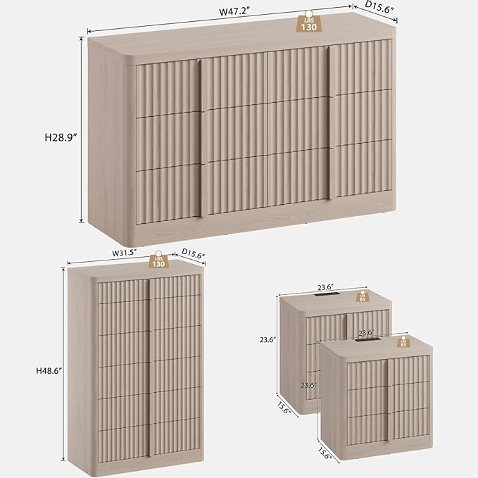 Fluted Dresser and Nightstand 4-Piece Bedroom Set, 47" Wide 6-Drawer + 49" Tall 6-Drawer Dresser and 2 of 3-Drawer Nightstand with Charging Station, Modern Bedroom Dressers Sets, Hallway, White Alder
