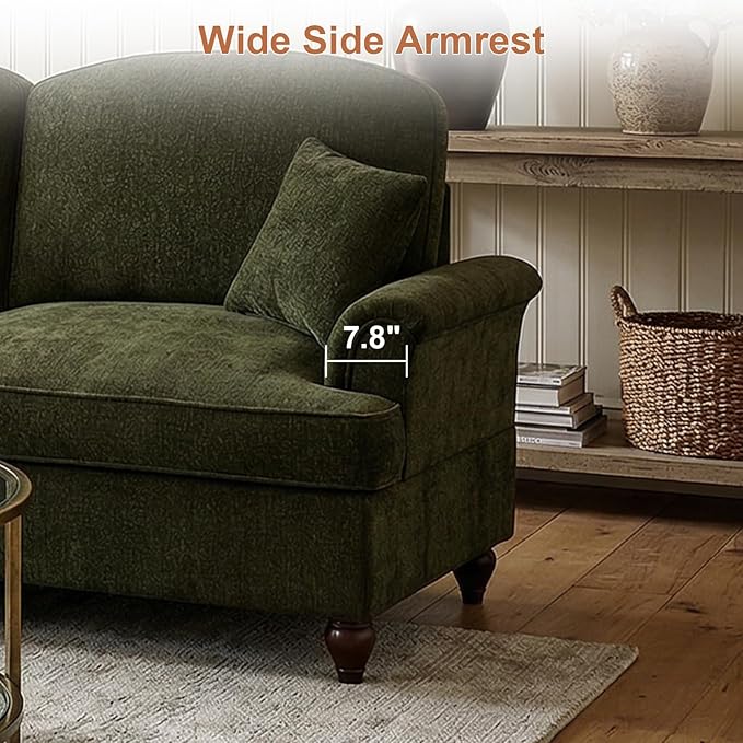Rovibek 107” L Shaped Couch, Chenille Midcentury Modern Sofa with Detachable Ruffle Hem, Sectional Couches for Living Room with Throw Pillows & Ottoman, Green
