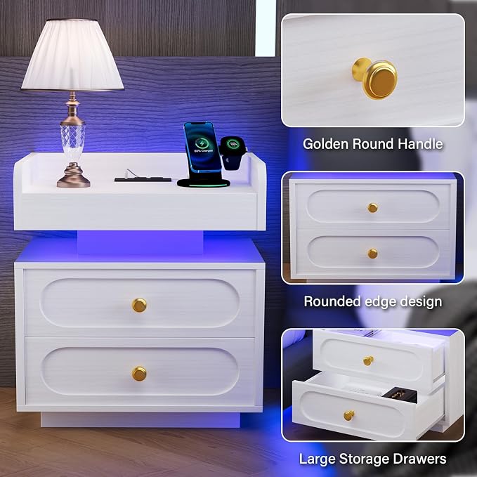 4ever2buy White Nightstand with Adjustable LED Lights and Charging Station Modern Bedside Table with 2 Drawers End Table for Bedroom - Image 6