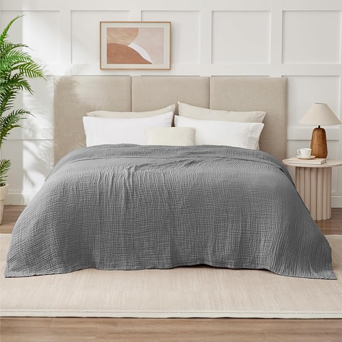 100% Cotton Muslin Blanket California King 120" x 90", 6 Layers Breathable and Lightweight Oversized Blankets for Bed, Soft Cooling Gauze Blanket for Adults All Season, Medium Grey