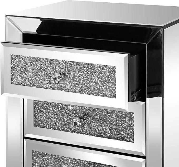 VINGLI Mirrored Nightstand with 3 Drawers Modern End Table Bed Side Table with Mirrored Finish, 17.72-inch W x 13.78-inch D x 23.62-inch H, Silver - Image 6