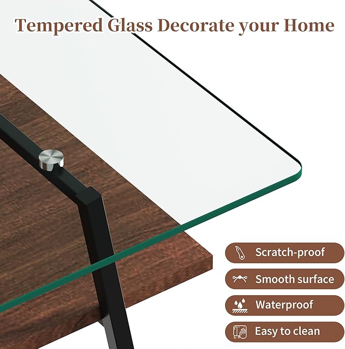 IANIYA Glass Coffee Table for Living Room Small Gold Mid Century Coffee Table for Living Room with Wood Shelves (Black Frame, Transparent Glass + Brown Wood)