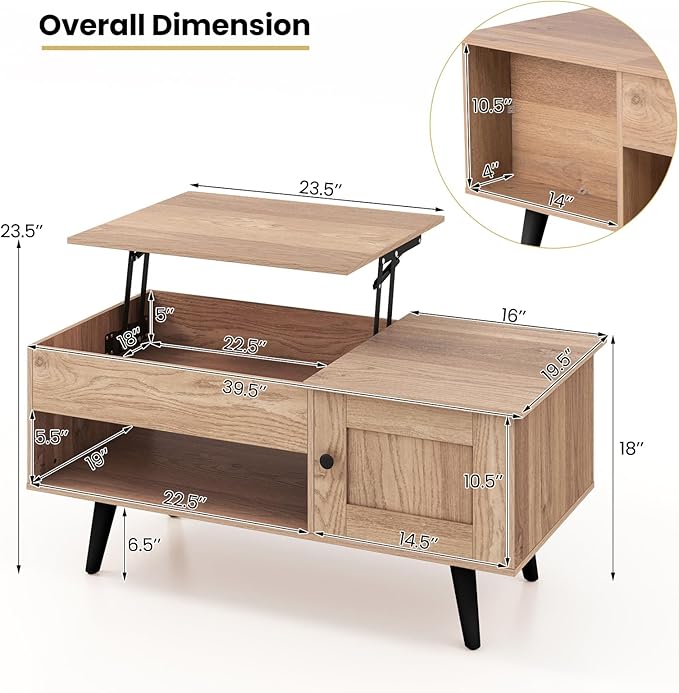 Giantex Lift Top Coffee Table, Modern Cocktail Table with Hidden Compartment, Open Shelf & Cabinet, Wooden Flip Top Center Table, Pull up Coffee Table for Home Office, Living Room (Natural)
