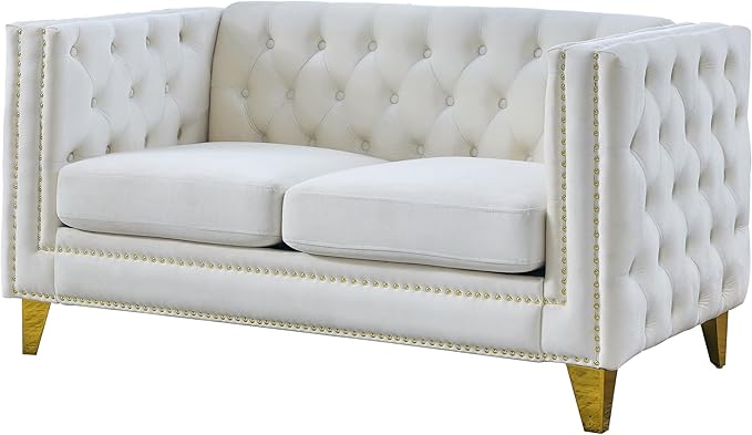 KEIKI Tufted Velvet 2 Seat Sofa Couch for Living Room, Buttons Tufted Square Arm Couch for Home Apartment, Beige