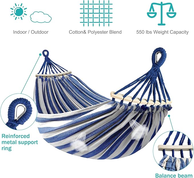 MOSFiATA Hammocks Portable Camping Hammock Upgraded 550lb Comfortable Fabric Hammock with Two Anti Roll Balance Beam and Sturdy Metal Knot Tree Straps for Camping, Patio, Backyard, Outdoor(Blue White) - Image 2