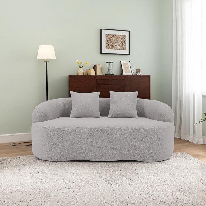 Curved Compression Sofa, Modern Loveseat Couch with Rounded Armrests & 2 Coordinating Pillows, 67'' Polyester 2 Seater Sofa for Small Living Room, Bedroom and Offices, No Assembly, Grey
