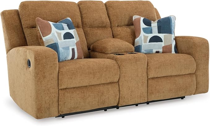 Signature Design by Ashley Kanlow Contemporary Manual Double Reclining Loveseat with Console, Storage, Cup Holders and 2 Accent Pillows, Light Brown