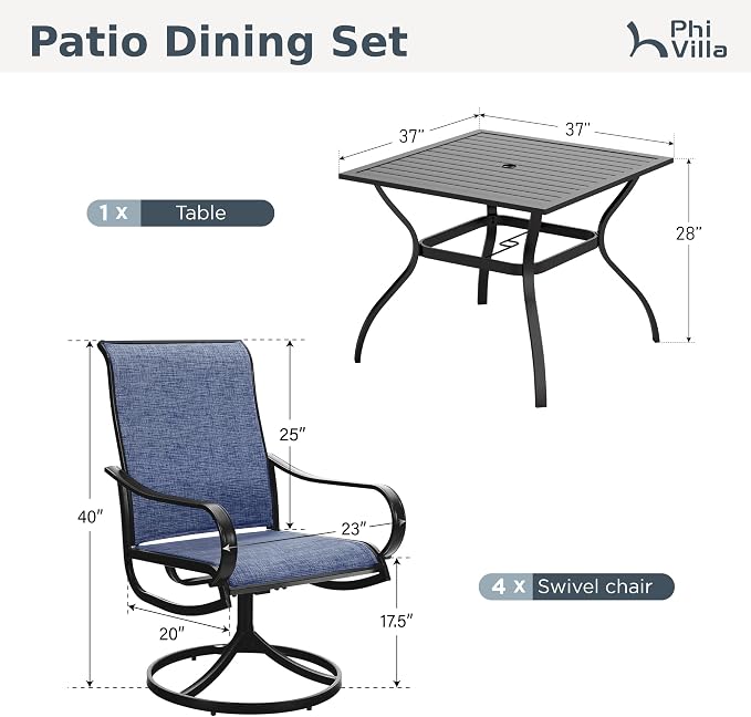 PHI VILLA 5 PCS Outdoor Patio Dining Set with Swivel Dining Chairs (Blue) and 37"x 37" Metal Steel Dining Table(1.57" Umbrella Hole), All Weather Patio Dining Furniture Set for Deck Lawn Garden - Image 8