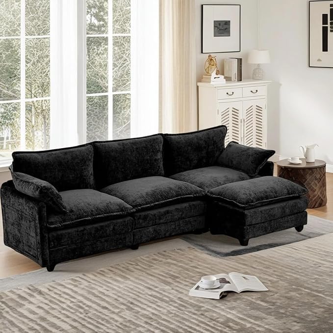 Modular Sectional Cloud Couch, 113" L Shaped Sectional Comfy Couchs for Living Room, 3 Seat Convertible Modular Sofa Couch with Ottomans for Living Room, Apartment, Black