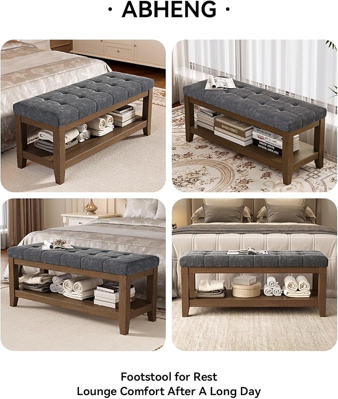 ABHENG Solid Rubber Wood Shoe Bench, Soft Chenille Material Upholstered Seat, 770LB Load Capacity, Multi-Storage for Entryway/Bedroom/Living Room, Vintage Style, 43.3"x15.7"x17.7", Dark Gray,UASND65G - Image 6