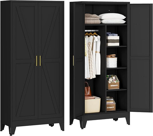 71" Armoire Wardrobe Closet with Hanging Rod & Adjustable Shelves, 2 Doors Black Armoire Wardrobe Closet, Metal Clothing Storage Wardrobe Cabinet for Bedroom, Laundry Room, Office