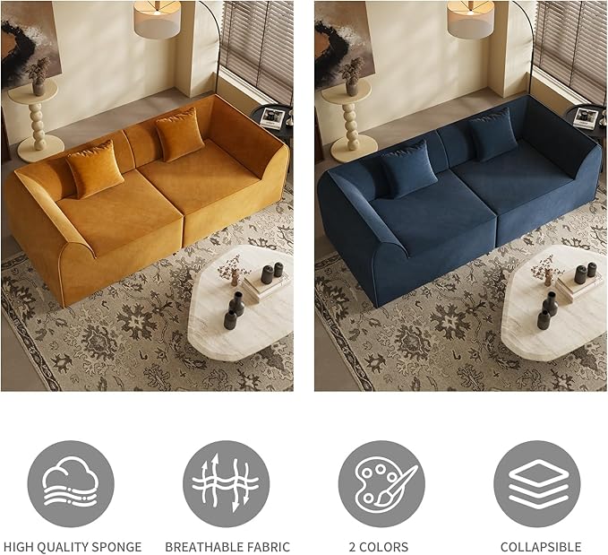 KEIKI 98.43'' Sofa Bed with Rectangle Pillow & Cushions, 2-Seater Convertible Chair, Folding Memory Foam Floor Couch & Sleeping Mattress, Modern Fabric Sleeper Sofa for Bedroom & Living Room, Blue