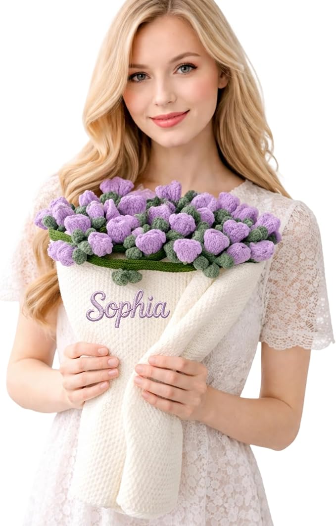 Personalized Handmade Crochet Rose Flower Blanket Bouquet – Custom Name Gift for Mother's Day, Valentine’s Day（Lily of the Valley）