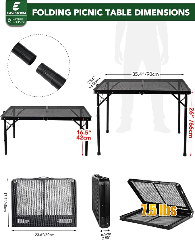 3 ft Folding Table with Adjustable Height, Camping Table with Carry Handle, Metal Mesh Table ,Portable Grill Table for Camping, Tailgating, BBQ, Picnic & Indoor, Fits 3–6 People, Supports 66 lb, Black - Image 3