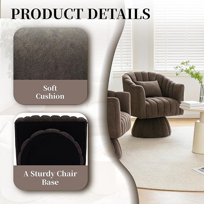 ClinQ Swivel Barrel Chair with Pillow Set of 2, 360° Cloud Velvet Round Swivel Accent Chair, Upholstered Cuddle Reading Lounge Chair for the Living Room, Bedroom, Office, Brown-Vertical Stripes