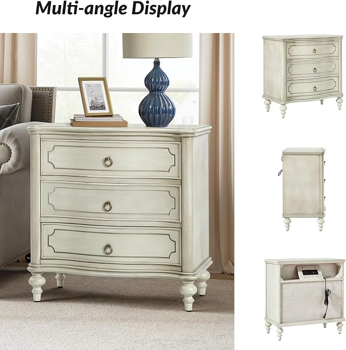 HULALA HOME Traditional Side Table with 3 Drawers, Tall Side Table with Curved Front Profle Desgin, Charging Station, Solid Wood Legs, White - Image 5
