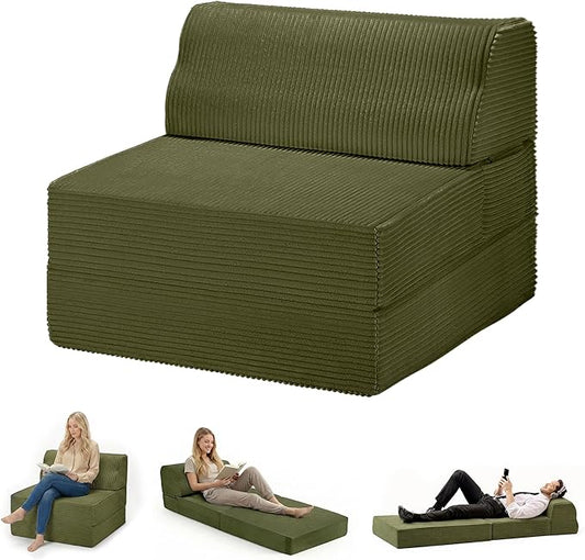 Folding Sofa Bed with Pillow, Memory Foam Fold Out Chair Bed, Convertible Sleeper Chair with Washable Cover, Futon Floor Couch for Living Room/Dorm/Guest Use/Home Office/Apartment, Green