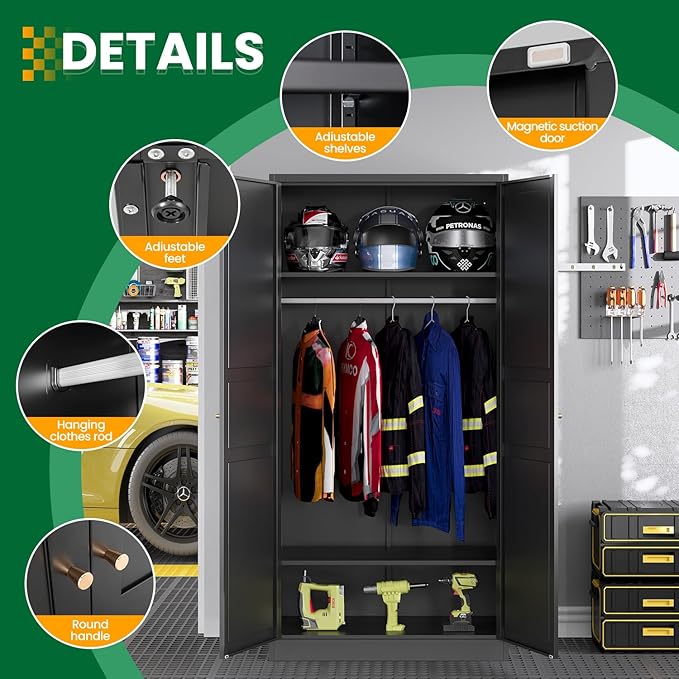 Metal Wardrobe Closet Cabinet,Armoire Wardrobe Closets Storage Cabinets with Doors and Shelves for Laundry Room,Bedroom,Home Office,Bathroom(Black