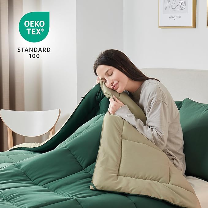 Nestl 3 Piece Quilted Down Alternative Comforter King Size with 2 Pillow Shams, All Season Green/Light Green Duvet Inserts with Corner Tabs